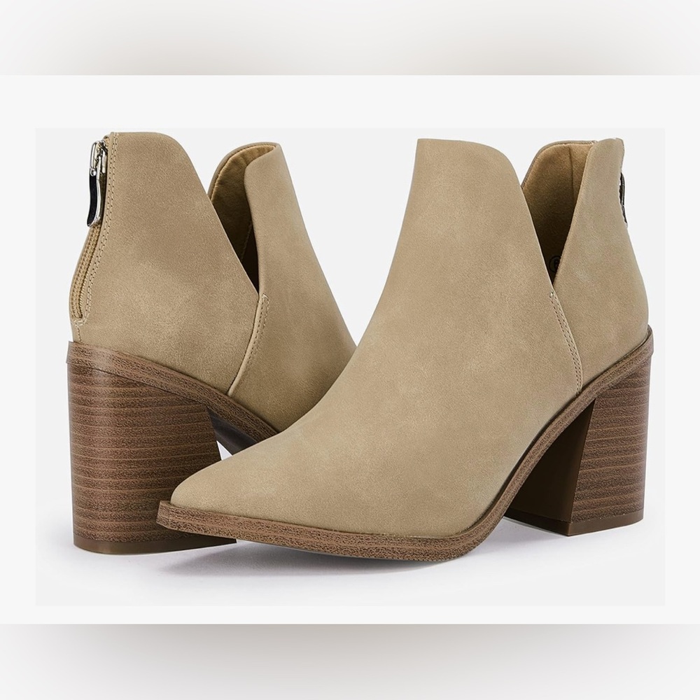 Pointed Toe Stacked Mid Heel Ankle Boots V Cut Back Zipper Faux Leather Booties